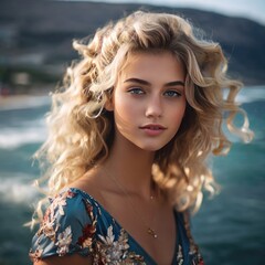 Poster - portrait of the girl with sea background 