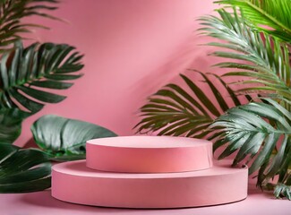 Poster - Pink podium with tropical leaves. Empty space to exhibit product. Pink display to show.