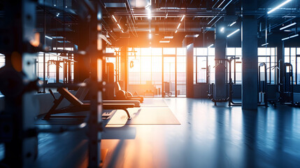 Aufkleber - Gym interior and empty space or dark room with window and light flare for exercise training and fitness workout No people sports club and floor layout of exercising venue facility and  : Generative AI