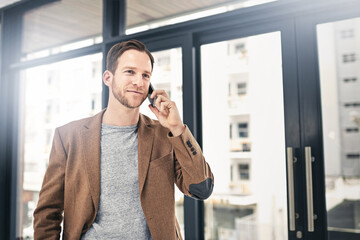 Poster - Phone call, thinking and businessman in office with contact communication, feedback and b2b client networking. Smartphone, advisor and pro broker with app conversation, planning or investment ideas