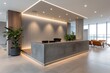 Modern office lobby with sleek design, ambient lighting, and panoramic city views