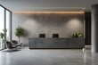Sleek office reception with minimalist design, ambient lighting, and modern seating