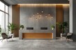 Stylish office lobby with wooden accents, hanging lights, and lush green plants