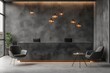 Chic lounge area with dark walls, stylish seating, and copper pendant lighting