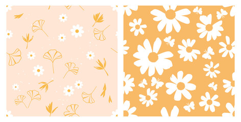 Poster - Seamless pattern with gingko leaves and daisy flower on pink and yellow backgrounds vector.