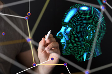 Poster - Neural network 3D illustration. Big data and cybersecurity