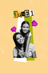 Poster - Vertical photo collage of happy sisters cuddle together family relationships heart love icon june first isolated on painted background