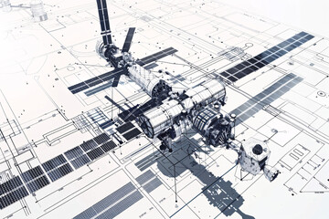 Detailed 3D blueprint of a space station on technical drawing background