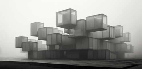 Poster - Misty Monolith: Gray Cube Block Building Amidst a Foggy Sky Background