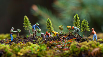 Wall Mural - A group of miniature figures planting and watering trees on a vibrant bed of moss, illustrating reforestation in detail