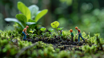 Wall Mural - A group of miniature figures planting and watering trees on a vibrant bed of moss, illustrating reforestation in detail