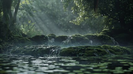 small waterfall water flow slowly on river in lush green tropical forest in morning