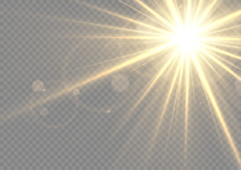 Wall Mural - glow light star, yellow sun rays, gold glare bokeh. flash yellow sun, star flashed with sparkles.