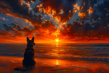 Poster - A dog is sitting on the beach watching the sunset.