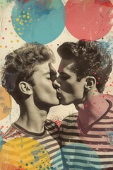 Young gay couple kissing. Contemporary art collage. Pop art retro style. Pride Month, Pride Day in June. Relationship, love, feelings. Freedom and pride LGBT people. Design for poster, print, card