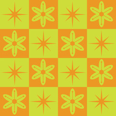 Wall Mural - Checkered Mid Century atomic starbursts with retro mod flowers seamless pattern in orange and yellow.  For textile, fabric and home décor