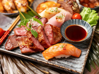 Wall Mural - Traditional Japanese meat dishes with vegetable snacks