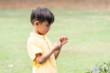 Happy little 4 year old Caucasian boy looking and touching flower, smiling, sunny day. Cute child boy playing outdoors in summer in nature. Green background