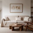 A mockup of an empty blank wooden frame on the wall in cozy living room, wooden coffee table and sofa with beige fabric cover, wooden floorboard