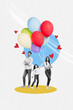 Vertical photo collage of happy family members mom dad daughter hold ai balloon present holiday heart love isolated on painted background