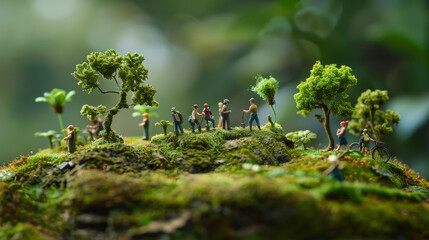 Wall Mural - A photorealistic miniature scene with people planting trees on a rich, moss-covered landscape, emphasizing reforestation efforts