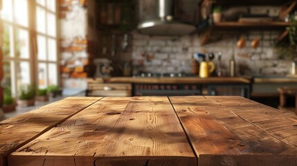 Wall Mural - Wooden table with a kitchen background, suitable for shooting kitchen products, with a blurred room adding depth to food presentations