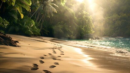 Serene beach at sunrise with gentle waves and footprints in the sand