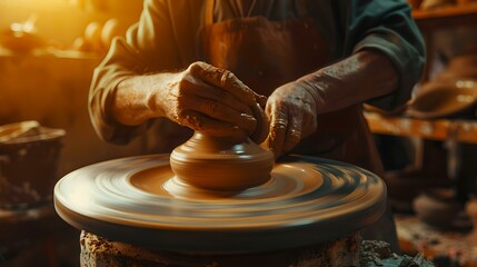 Artisan potter crafting pottery on wheel in traditional workshop, art of handmade creations