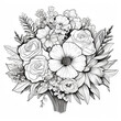 Beautiful flower bouquet coloring page. Garden and wild flowers, herbs and leafy twigs in bunch. Ink outline for coloring