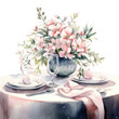 Beautifully set table watercolor illustration. Table with plates, glasses and lush bouquet of pink flowers