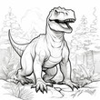 Predatory dinosaur in natural environment coloring page. Extinct Jurassic character Theranorex ink outline