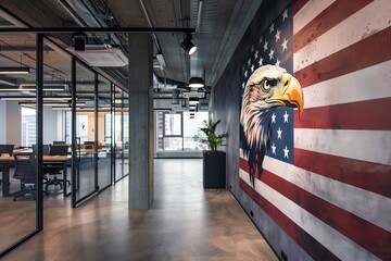 office interior with american eagle and flag mural on the wall