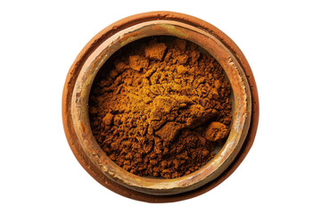 Wall Mural - Top view of Rasel hanout spice in a wooden bowl isolated on transparent background