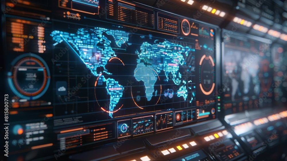 Futuristic screen with global data visualizations and network co Stock ...