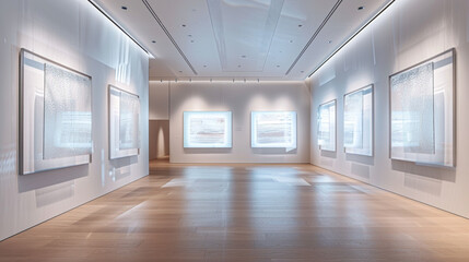 Wall Mural - A modern gallery with an array of plain white frames, each containing a piece of clear, textured glass, arranged to catch and reflect the gallery lighting.