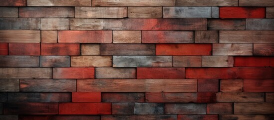 Wall Mural - Abstract brick wall background with copy space image on a construction site featuring various wood squares and red bricks creating a textured and visually appealing design