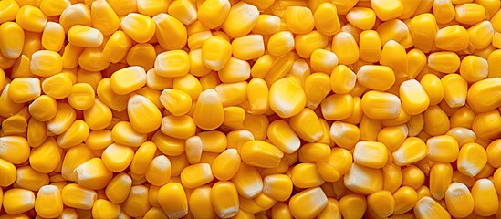 Close up of a copy space image showcasing the textured yellow kernels of boiled corn