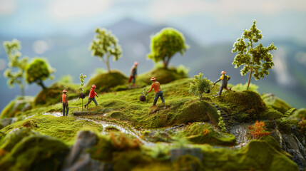 Wall Mural - Photorealistic miniature figures planting saplings on a mossy forest floor, representing a detailed reforestation project