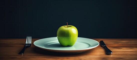 Wall Mural - A diet concept is depicted with a copy space image of a green apple and a tape measure on a plate placed on a dark wooden table