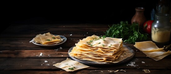 A display of dried uncooked lasagna sheets accompanied by seasoning and herbs is arranged on a rustic dark wooden table providing ample space for adding text