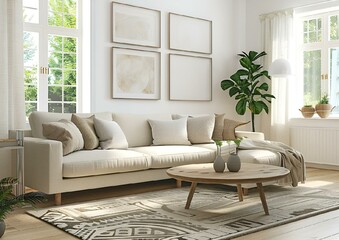 Poster - AI generated illustration of a minimalist living room with white walls and sofa