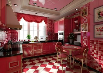 Poster - AI generated illustration of a spacious red and white checkered kitchen with chairs