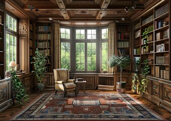 Canvas Print - AI generated illustration of a home library with tall vaulted ceiling and custom bookshelves