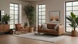 © Tri - A living room with a brown couch, a rocking chair, and a potted plant. The room has a warm and inviting atmosphere