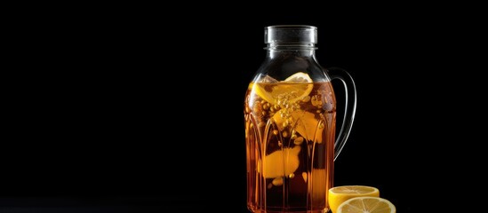 Poster - Bottle of iced lemon tea shown on black background providing ample copy space for customization