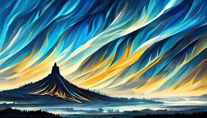 Mountain landscape with glowing wavy gradient yellow-blue sky. Illustration for wallpaper, background, banner, template. AI Generated