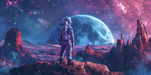 Wall Mural - intrepid space traveler exploring alien landscape in search of groundbreaking discoveries