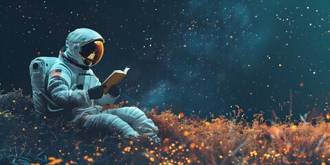 Wall Mural - astronaut scientist studying effects of space travel on human body in serene cosmic landscape