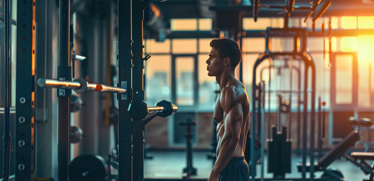 young man contemplating his workout plan in a modern gym.