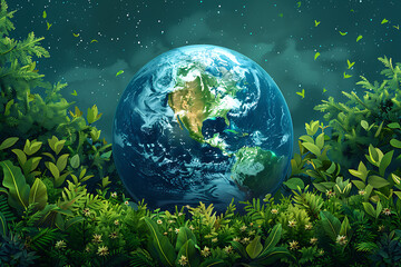 A vibrant blue and green eco Earth globe symbolizes environmental world protection and ecological conservation, promoting the message 